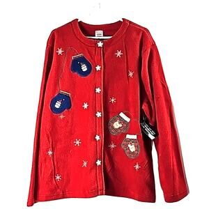 NWT Womens 2X Red Snow Flake Mittens Appliques Fleece Premier Cardigan